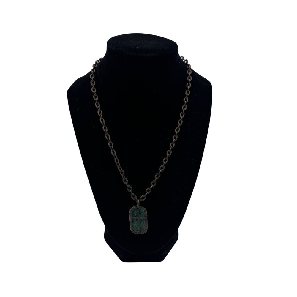 Bronze Cross Pendant Necklace With Green Leather Accent